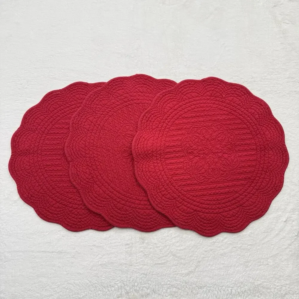 Vintage Set of 3 Round Quilted Red Placemats 14 inch Dining Table Decor